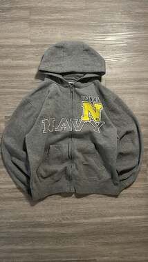Vintage JanSport US Navy Naval Academy Zip-Up Hoodie Grey Medium